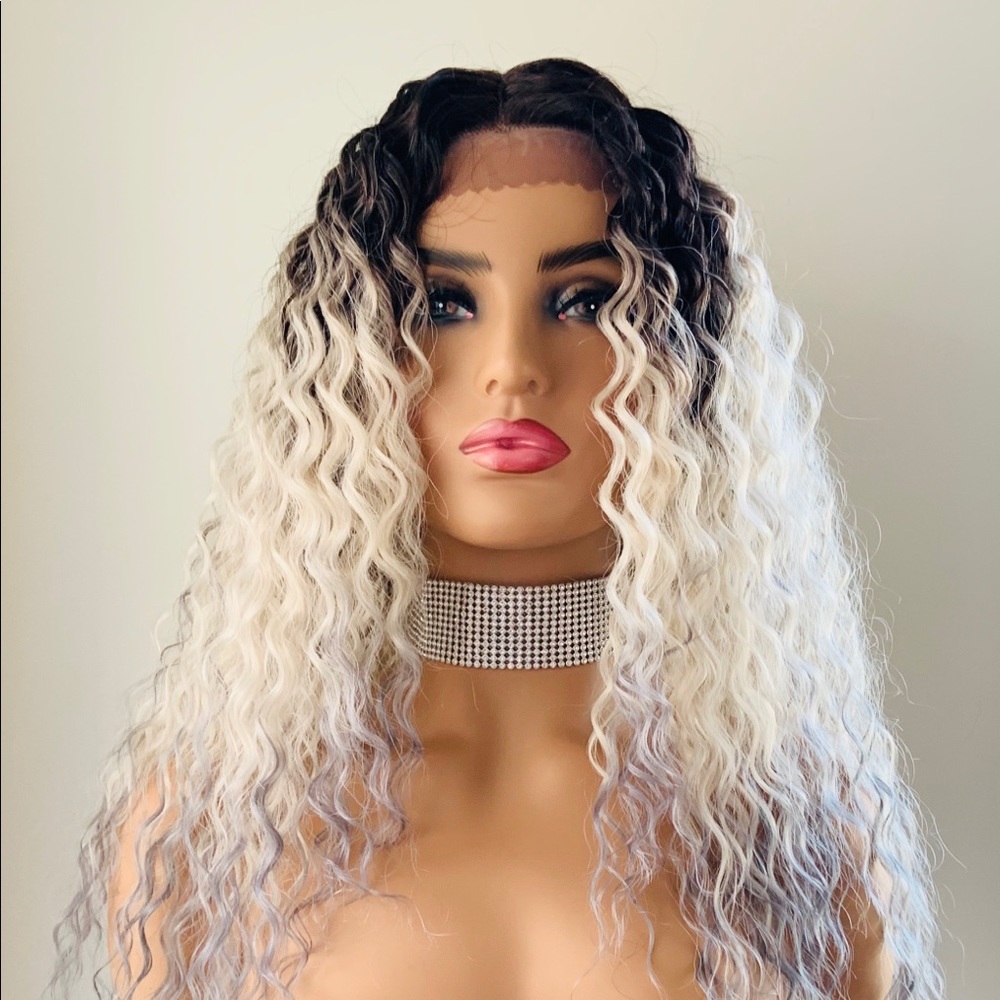 Wavy 28” Ombre White with Blue Lace Front Premium Fiber Wig